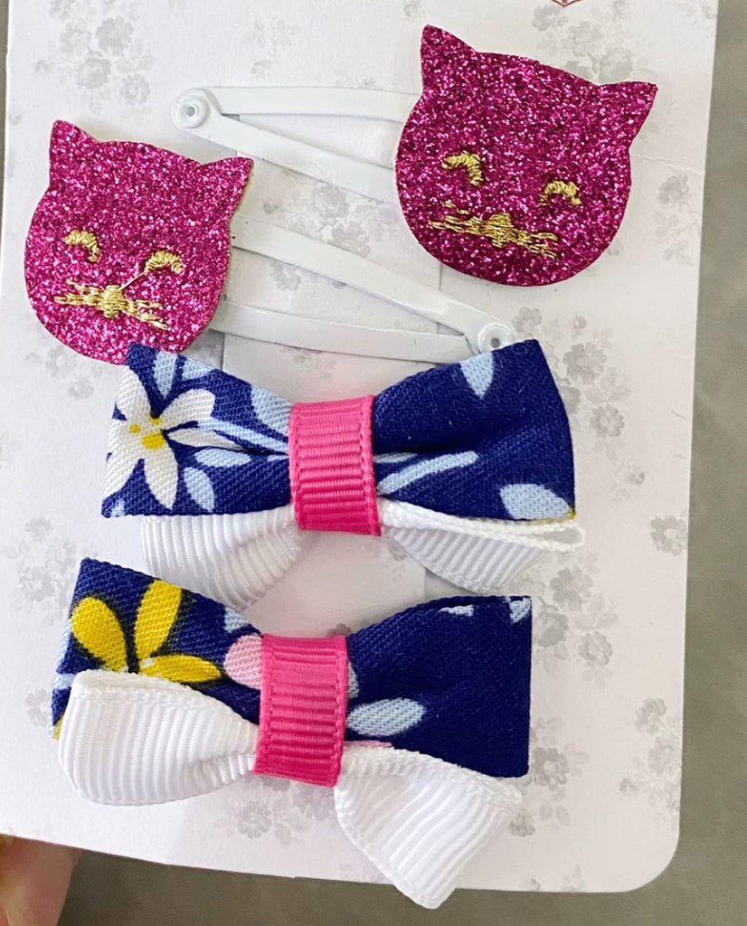 Kitten and Bow Hair Clip Set