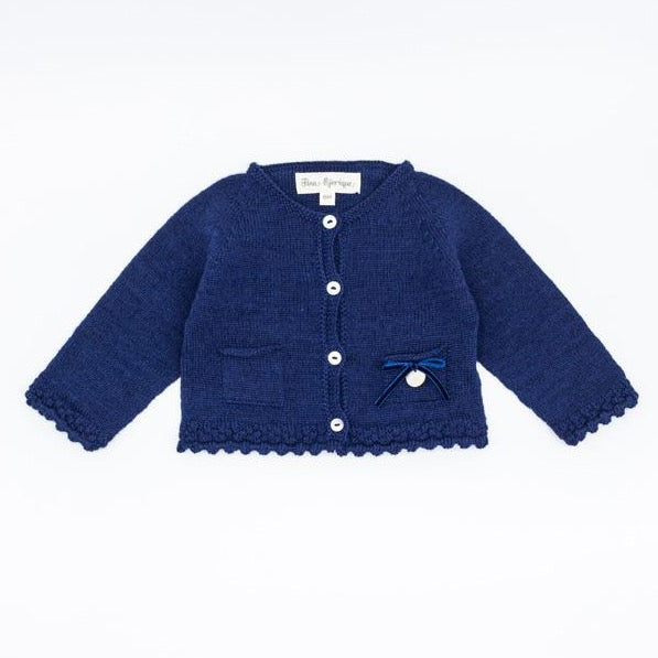 Knitted Cardigan with Pockets Velvet Bow (Clear Navy)