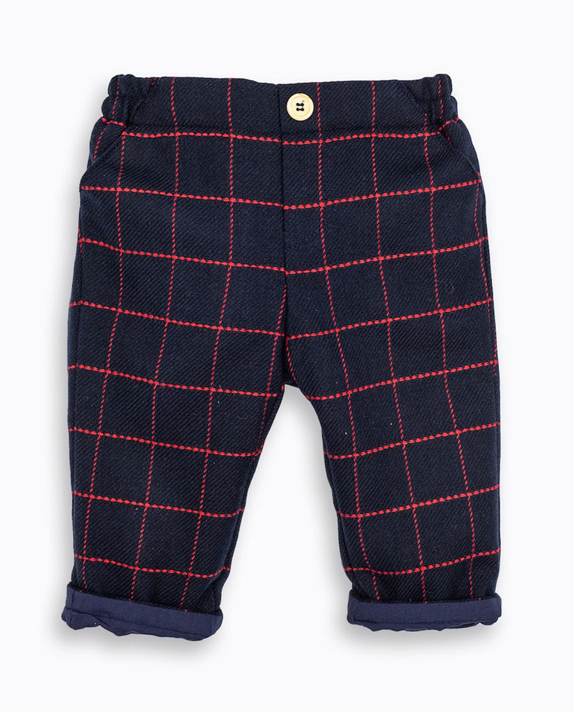 Navy Wool Trousers with Red Checks