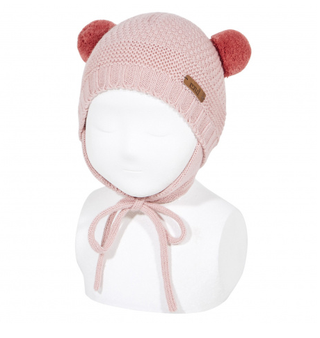 Sand Stitch Beanie with Earflaps and Pompom Pale Pink