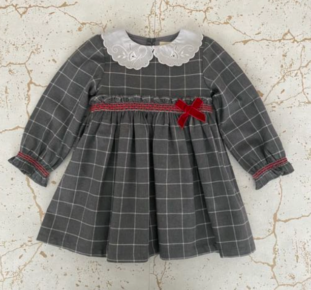 Grey gingham dress with smocked details and bow on chest, lace collar