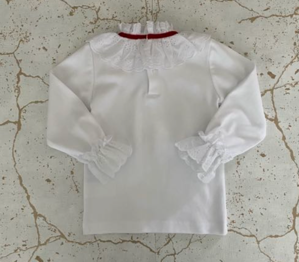 Blouse with ruffled embroidery collar(Red velvet ribbon)