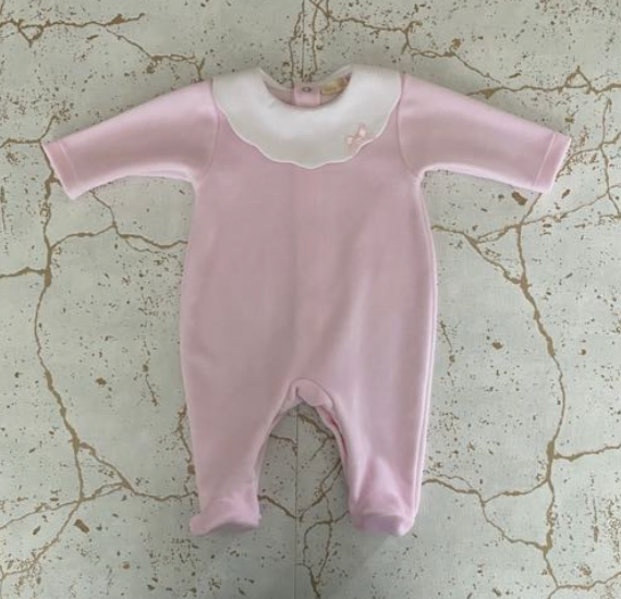 Baby Pink velvet with ribbon on collar footie