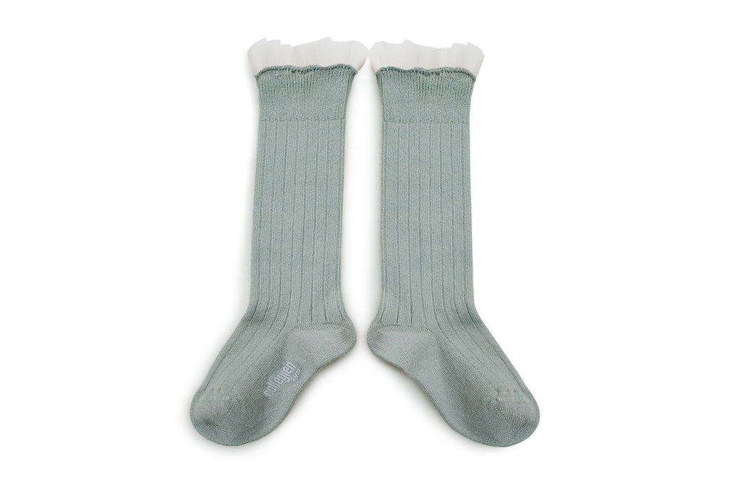 Manon - Ribbed Knee High Socks with Tulle (Duck egg Blue)