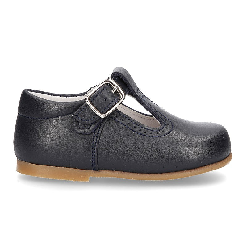 Classic Nappa Leather T-strap Shoes (Navy Blue) - Happy Milk