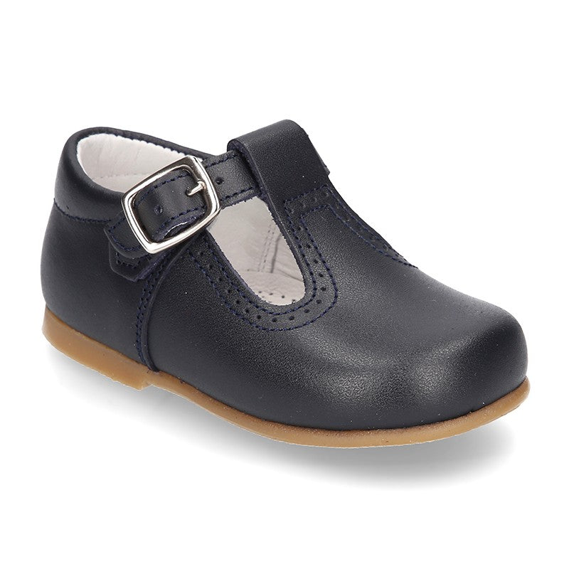 Classic Nappa Leather T-strap Shoes (Navy Blue) - Happy Milk