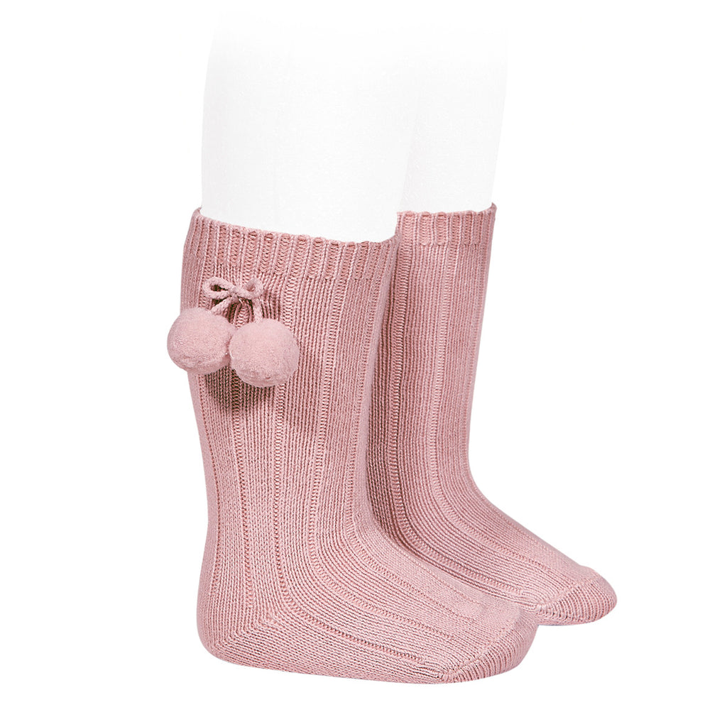 Rib knee high socks with Pom Pom (Rose Pink) - Happy Milk