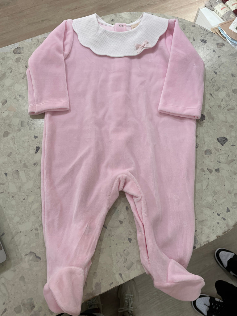 Baby Pink velvet with ribbon on collar footie