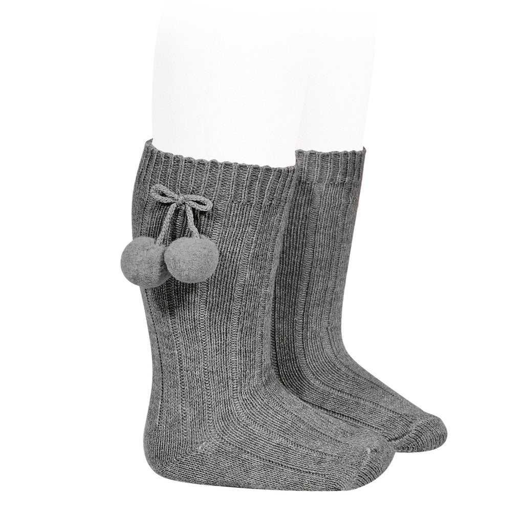Rib knee high socks with Pom Pom (Grey) - Happy Milk