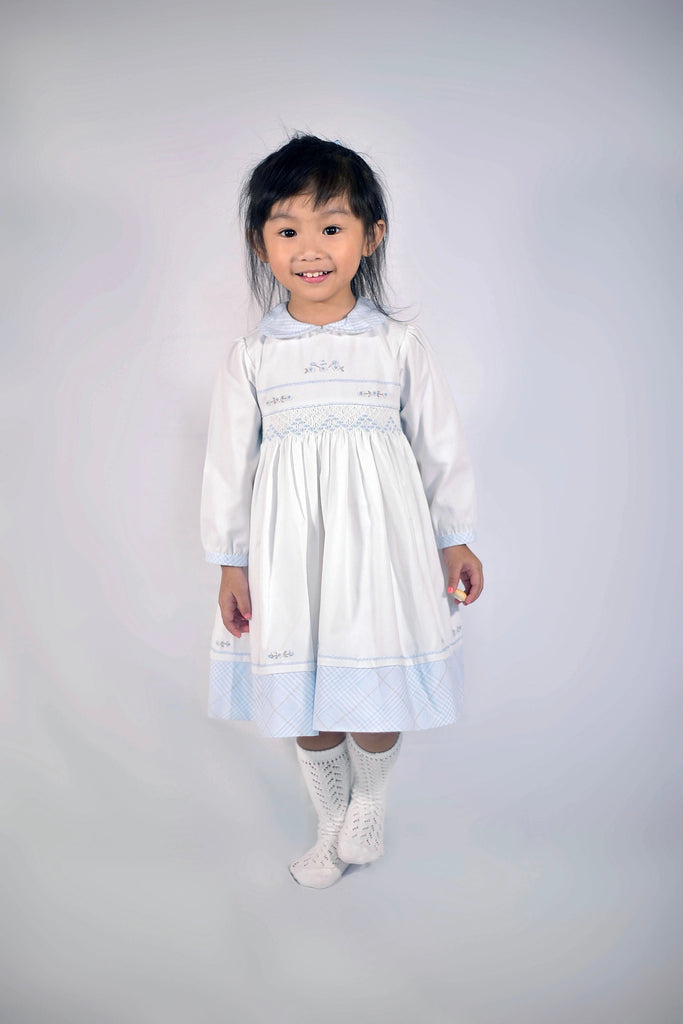 Classic Blue And White Flower Checked Smocked Dress