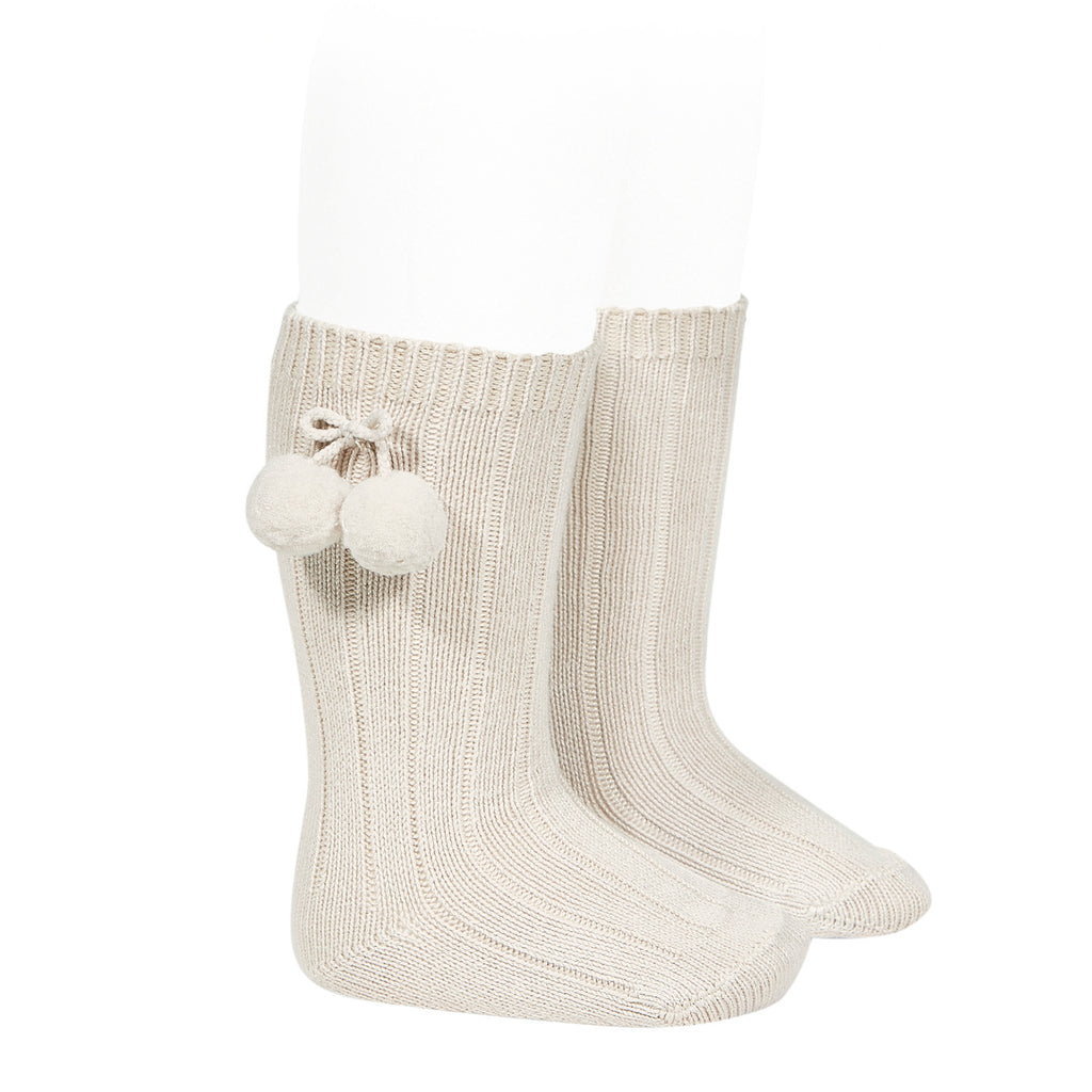 Rib knee high socks with Pom Pom (Lino) - Happy Milk