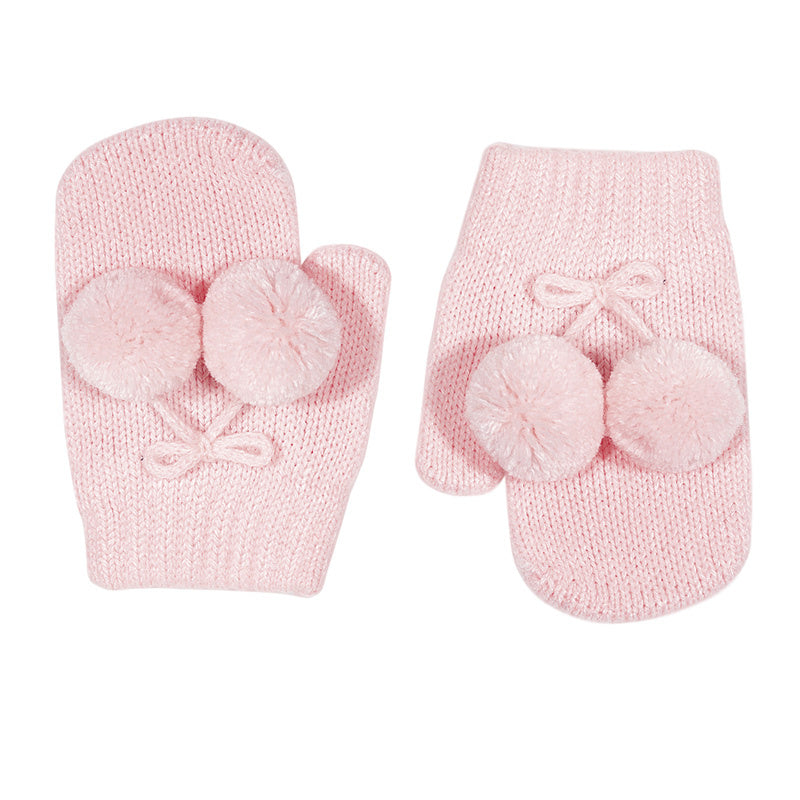 One Finger Baby Mittens with Pom Poms Pink